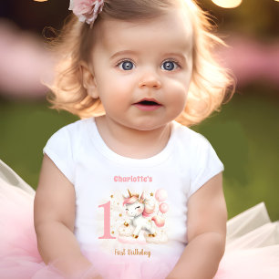 Pink Unicorn Girl 1st Birthday Name Baby T-Shirt