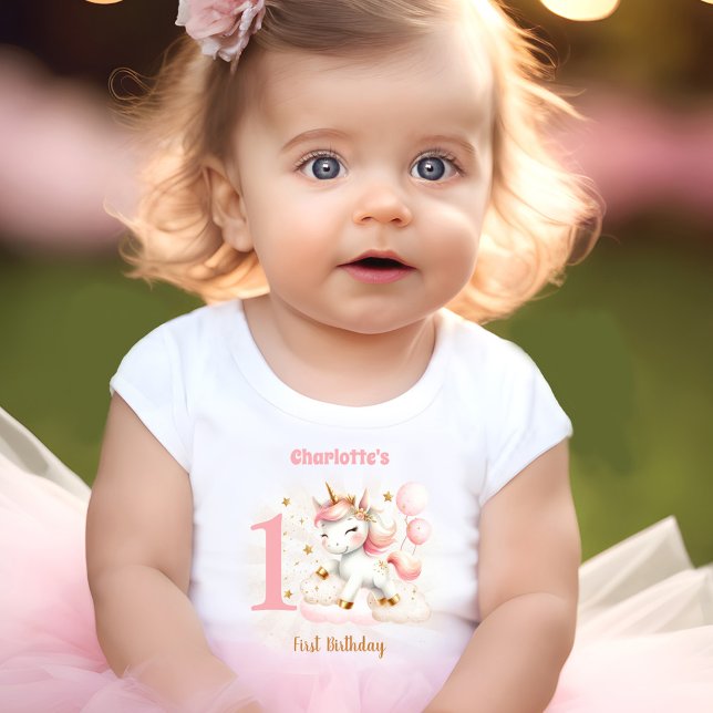 Pink Unicorn Girl 1st Birthday Name Baby T-Shirt (Pink Cute Unicorn Girl 1st Birthday Baby T-Shirt)