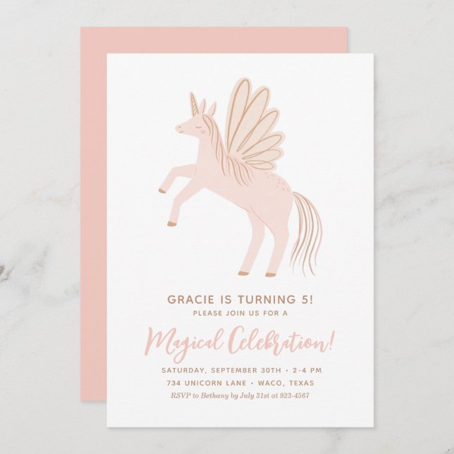 Pink Unicorn Girl Birthday Party Invitation (Front/Back)