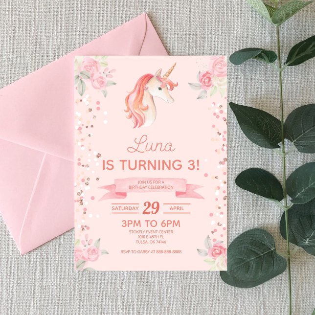 Pink Unicorn Glitter Confetti Birthday Party Invitation (Creator Uploaded)