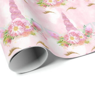 Pink Unicorn Glitter Floral Gold Mint Sweet 16th Wrapping Paper