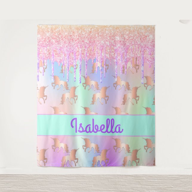 Pink unicorn glitter photo backdrop iridescent tapestry (Front)