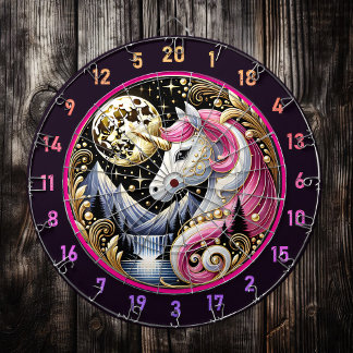 Pink Unicorn Glows Beneath Golden Moon Dartboard