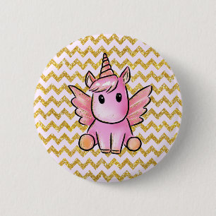 Pink Unicorn Gold Glitter Chevron Pattern Girly 6 Cm Round Badge
