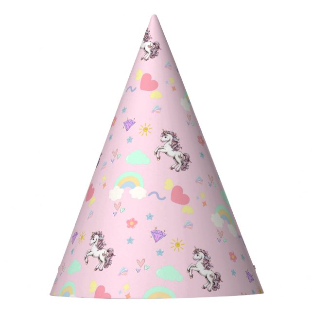 Pink unicorn magical princess  girly birthday kids party hat (Front)