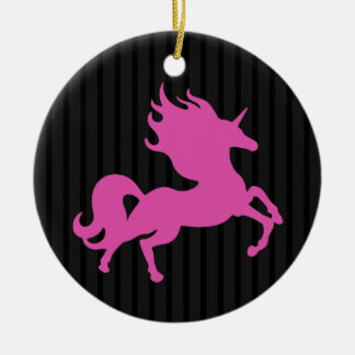 Pink Unicorn on Black Background Ceramic Tree Decoration