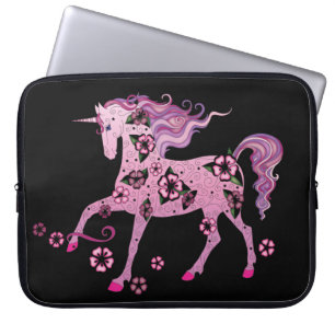 Pink Unicorn on Black Laptop Sleeve