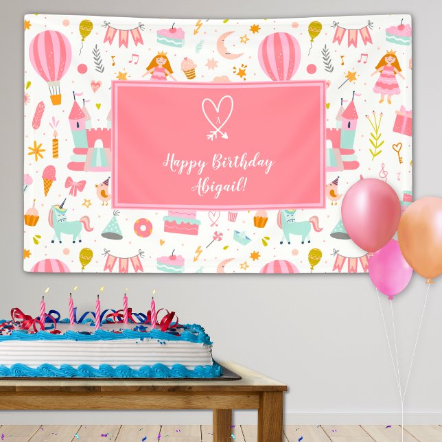 Pink Unicorn Party Pattern Girl Kid Happy Birthday Banner (Creator Uploaded)