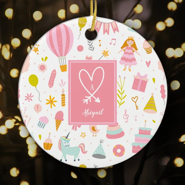 Pink Unicorn Party Pattern Monogram Girl Christmas Ceramic Tree Decoration (Creator Uploaded)