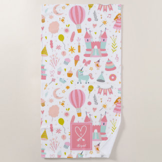 Pink Unicorn Party Pattern Monogrammed Girl Kids Beach Towel