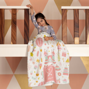 Pink Unicorn Party Pattern Monogrammed Girl Kids Fleece Blanket