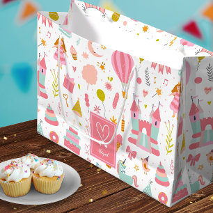 Pink Unicorn Party Pattern Monogrammed Girl Kids Large Gift Bag