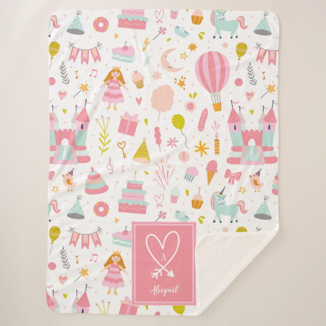 Pink Unicorn Party Pattern Monogrammed Girl Kids Sherpa Blanket (Front)