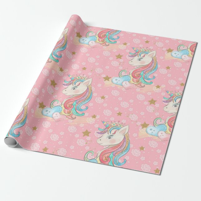 Pink Unicorn Pattern Wrapping Paper (Unrolled)