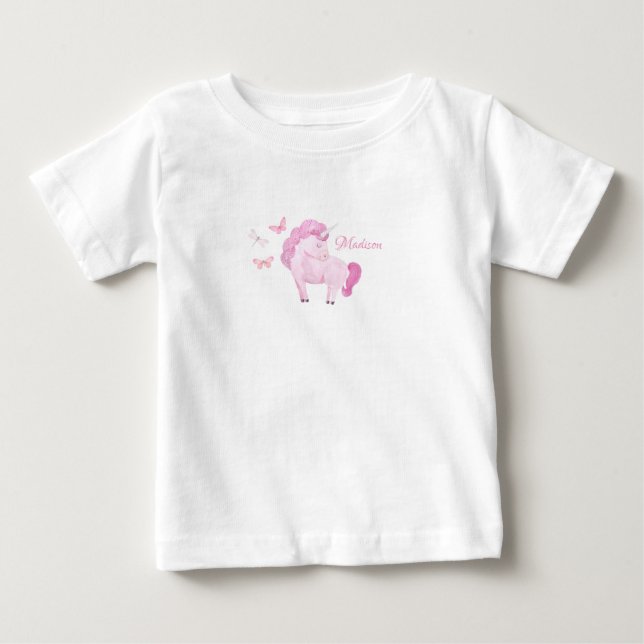 Pink Unicorn Personalised Butterflies Name Girly Baby T-Shirt (Front)