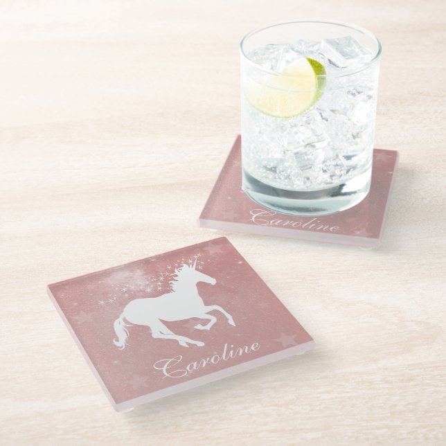 Pink Unicorn Personalised Glass Coaster (Angled)