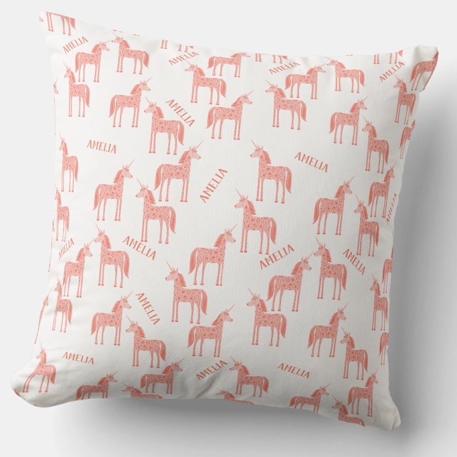 Pink Unicorn Personalised Name Cushion (Personalized custom name pink unicorn pattern throw pillow)