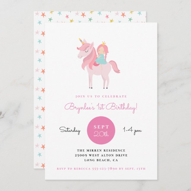 Pink Unicorn Princess Birthday Party Invitation (Front/Back)