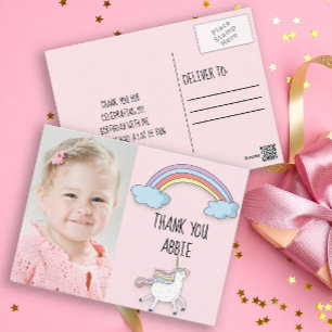 Pink Unicorn / Rainbow Birthday Photo Thank You Postcard