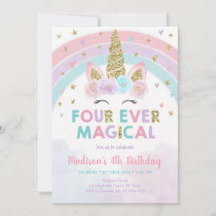 Pink Unicorn Rainbow Fourth Birthday Invitation