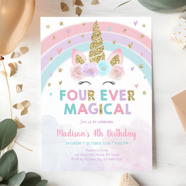 Pink Unicorn Rainbow Fourth Birthday Invitation (Creator Uploaded)