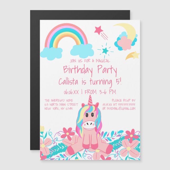 Pink Unicorn Rainbow Moon Stars Flowers Birthday Magnetic Invitation (Front/Back)
