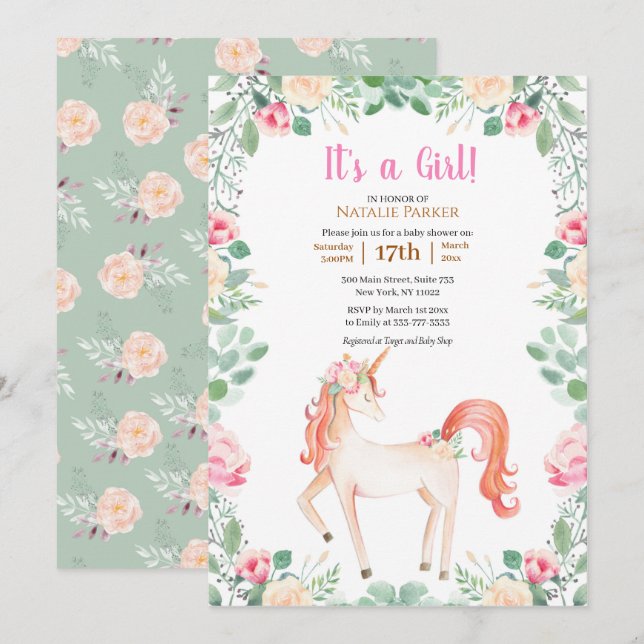 Pink Unicorn Rose Floral Greenery Girl Baby Shower Invitation (Front/Back)