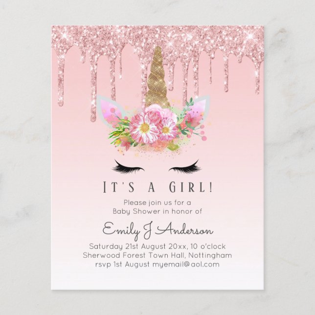 Pink Unicorn Rose Gold Dripping Glitter Baby Girl (Front)