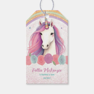 Pink Unicorn, Roses & Rainbow Birthday Party Gift Tags