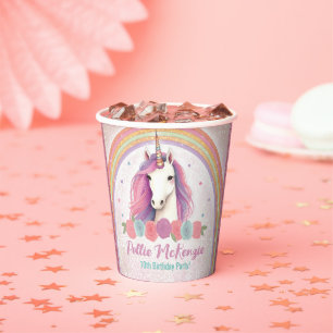 Pink Unicorn, Roses & Rainbow Birthday Party Paper Cups