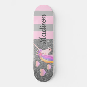 Pink Unicorn Silver Glitter Girls Personalised Skateboard