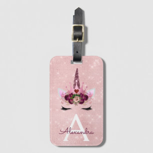Pink Unicorn Sparkle Princess Monogram Name Luggage Tag