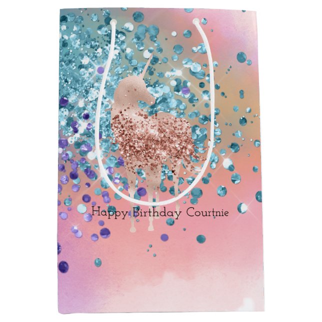 Pink Unicorn Sparkle Purple Aqua Glitter Confetti  Medium Gift Bag (Front)