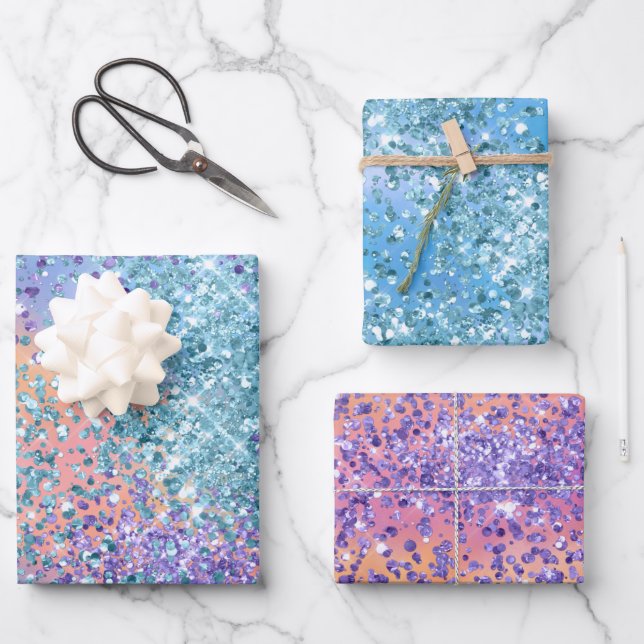 Pink Unicorn Sparkle Purple Aqua Glitter Confetti  Wrapping Paper Sheet (Front)