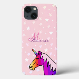 Pink Unicorn Stars Girly Kids Monogram Name  iPhone 13 Case