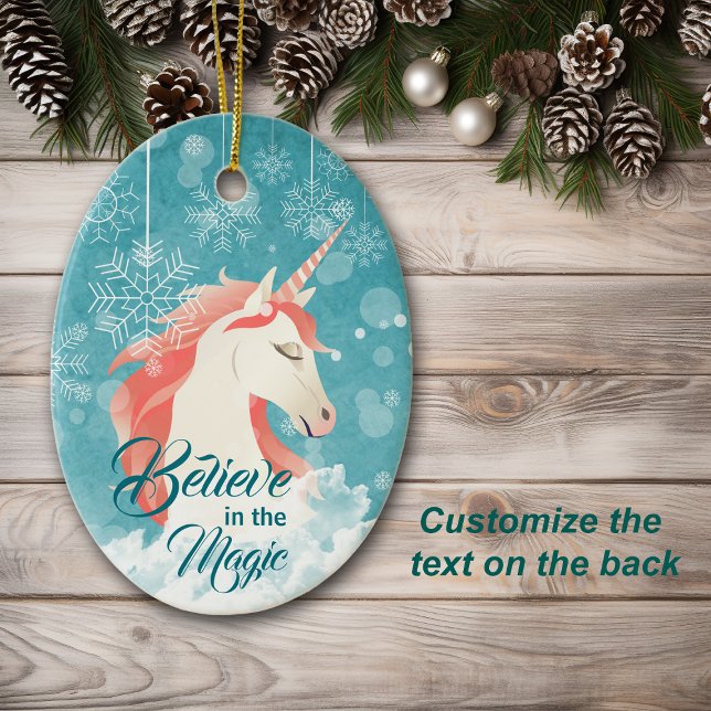 Pink Unicorn Teal Snowflake Believe Christmas Ceramic Tree Decoration (Creator Uploaded)
