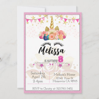 Pink Unicorn turning 8 Birthday party invitation