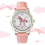 Pink Unicorn with Name Personalizable Watch<br><div class="desc">The design has a pink sleeping unicorn with a beautiful mane and a tale. There is a name on the watch,  that you can personalise. 
This watch is great for girls who like unicorns. It`s a digital drawing.</div>