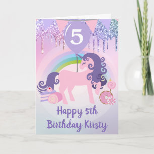 Pink Unicorn with Rainbow and Candy 5th Birthday Card