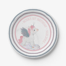 Pink Unicorn with Wings Birthday Paper Plate
