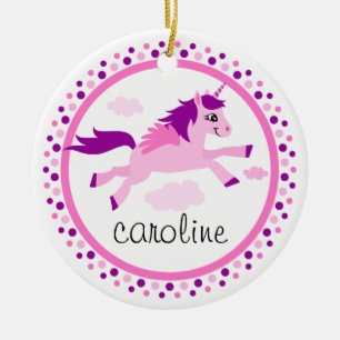 Pink unicorn with wings personalised name ceramic tree decoration