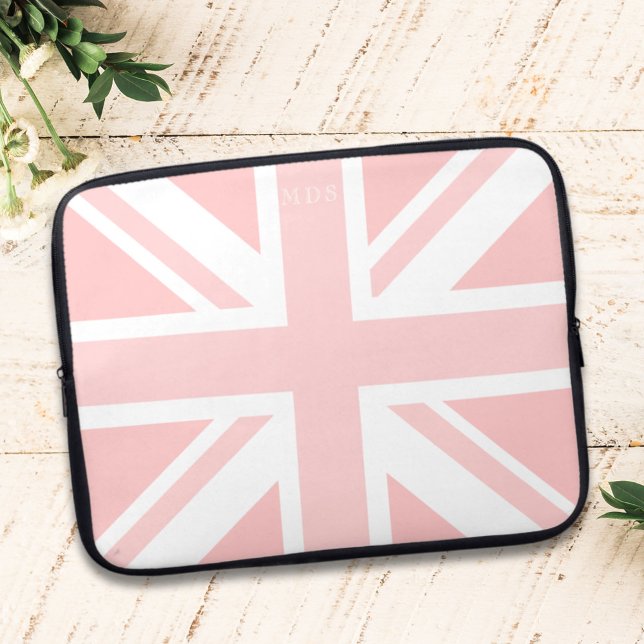 Pink Union Jack Flag Modern Monogram Laptop Sleeve (Pink UK Flag Monogrammed Laptop Sleeve just for you. Add your initials)