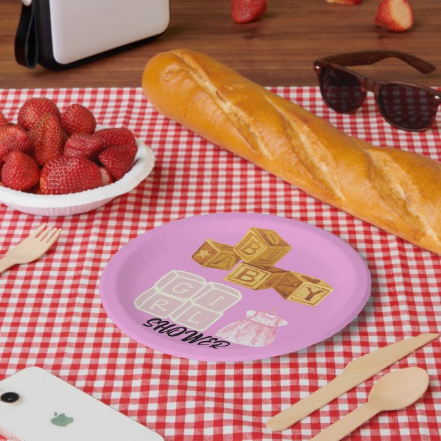 Pink Unique Baby Girl Dice Baby Shower  Paper Plate (Picnic)
