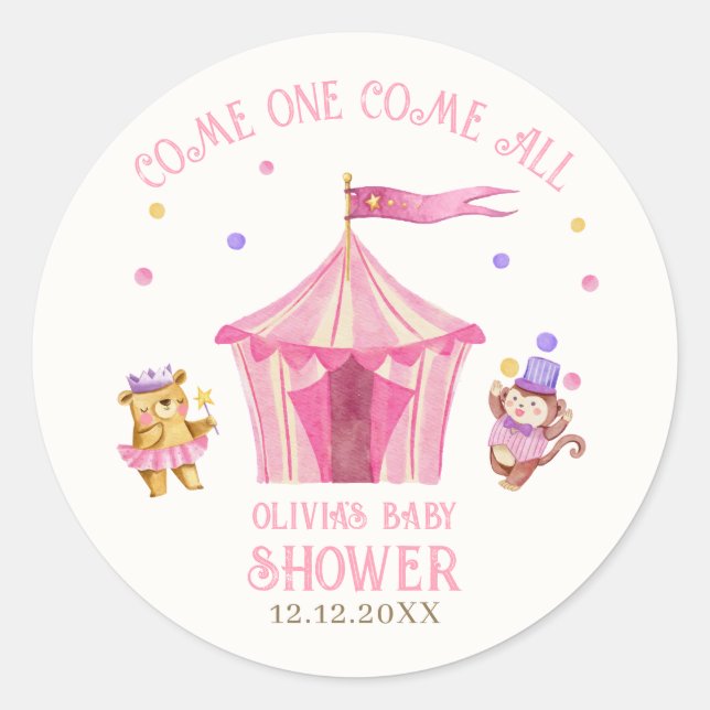 Pink Unique Circus Bear Monkey Baby Shower Classic Round Sticker (Front)