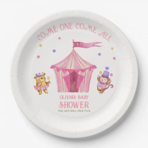 Pink Unique Circus Bear Monkey Baby Shower Paper Plate