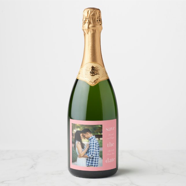 Pink Unique Save the Date Stacked Wording Sparkling Wine Label (Front)
