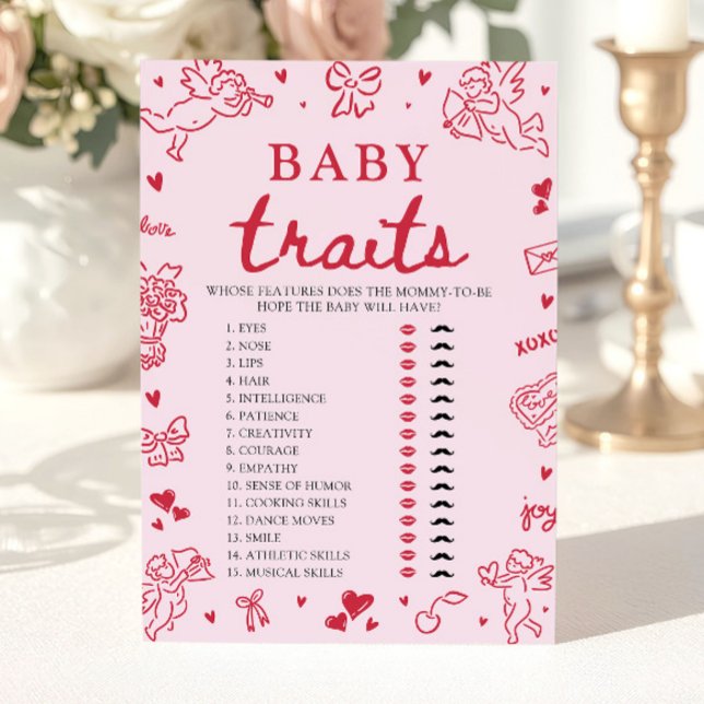 Pink Valentine Baby Traits Baby Shower Game Invitation (Pink Valentine Baby Traits Baby Shower Game)