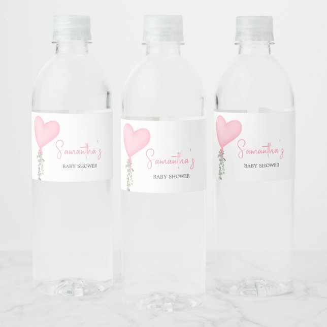 Pink Valentine Balloon Baby Shower  Water Bottle Label (Bottles)