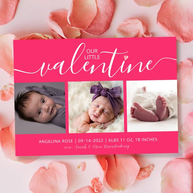 Pink Valentine Birth Announcement 3 Photo Hearts (Creator Uploaded)