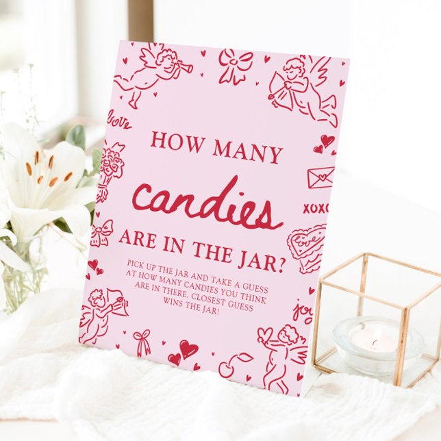Pink Valentine Guess How Many Candies Baby Shower  Pedestal Sign (Pink Valentine Guess How Many Candies Baby Shower Game Sign)